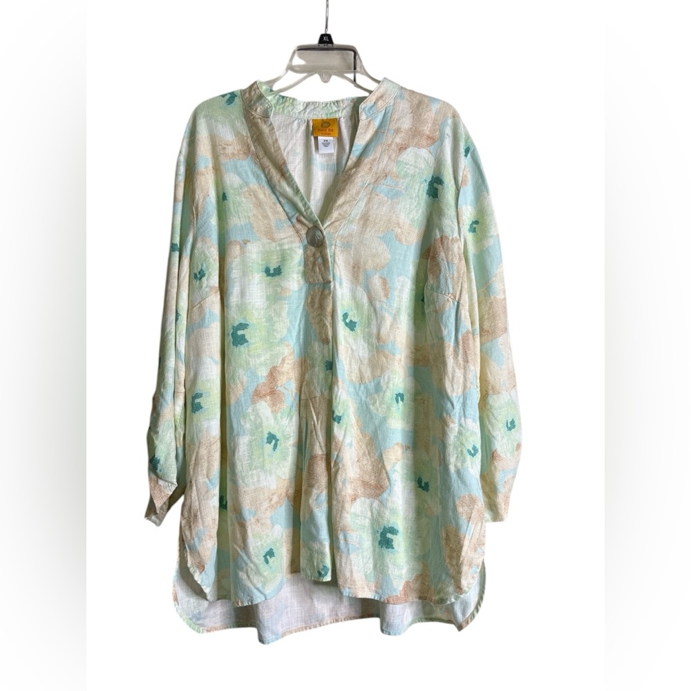 Top Sz 2X Ruby Rd Blue Green Linen Blend
